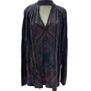 Free People Turquoise Purple Boho Floral Choker Neck Tunic Top OB818347 Size M